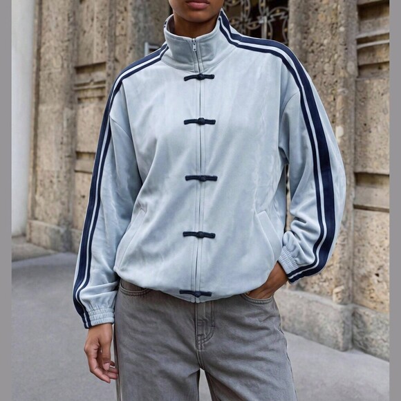 Jackets & Blazers - Sky Blue Track Jacket with Navy Stripes and Frog Closures